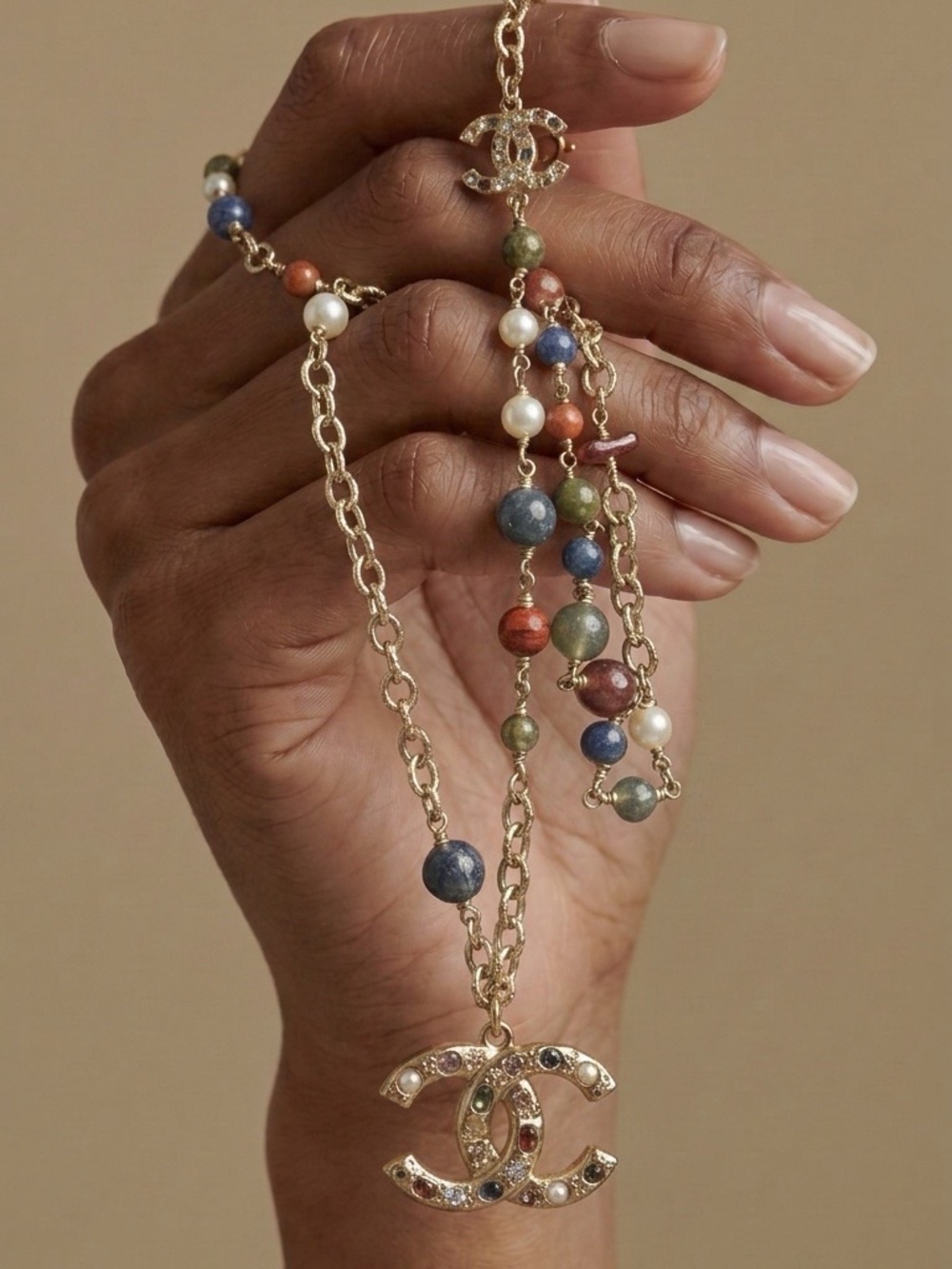 CHANEL Gold-Tone Multicolor Beaded Necklace with Crystal CC Pendant
